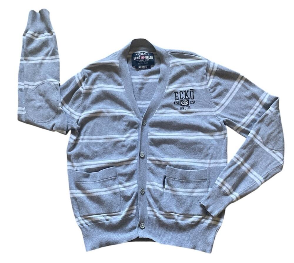 ECKO UNLTD Mens Medium Gray White Varsity Cardigan Medium Varsity Academia